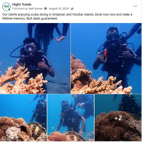 Facebook post of clients scuba diving over coral in the Andaman Islands