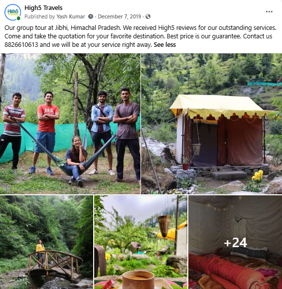 Facebook post of a group tour of Jibhi in Himachal Pradesh, with camping photos