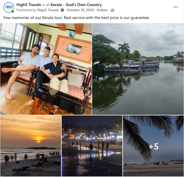 Facebook post of travellers during a Kerala tour, with a houseboat on the backwaters