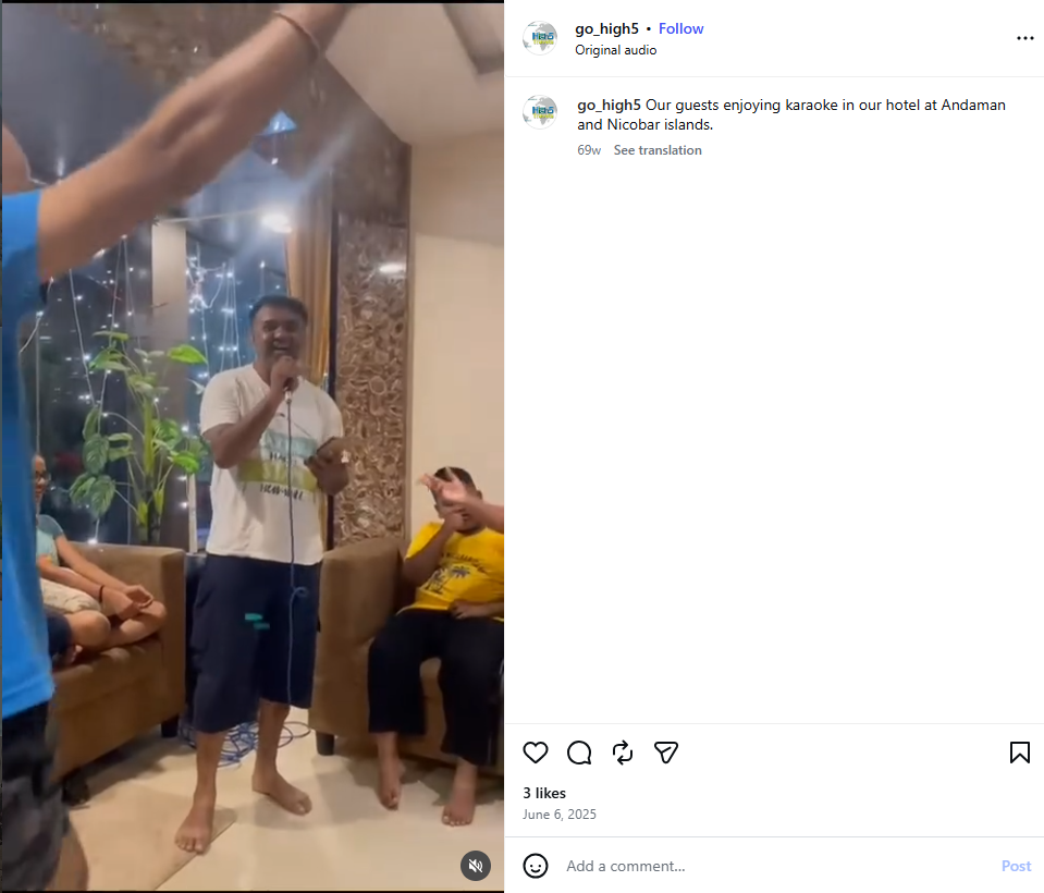 Instagram video post of guests enjoying karaoke at a hotel in the Andaman Islands