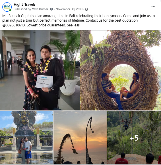 Facebook post of a couple celebrating their honeymoon in Bali