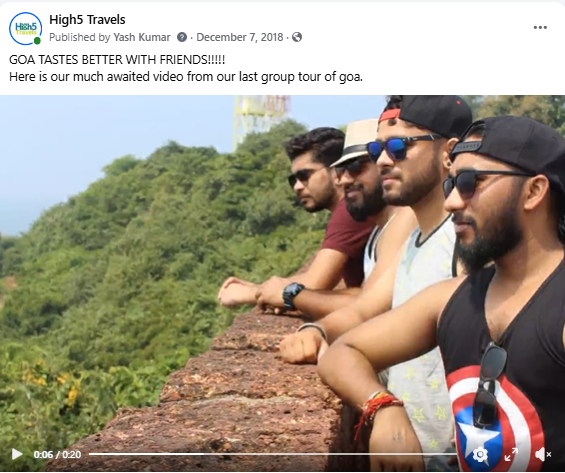 Facebook video post from a Goa group tour, with friends overlooking the coast