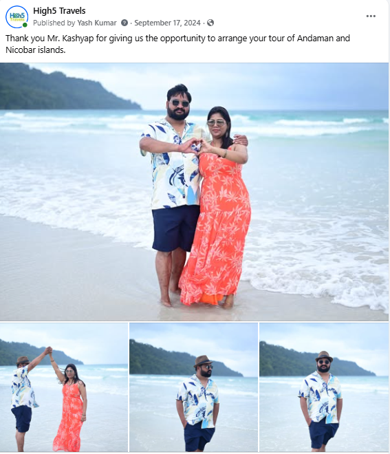 Facebook post of a couple on the beach during their honeymoon tour of the Andaman Islands