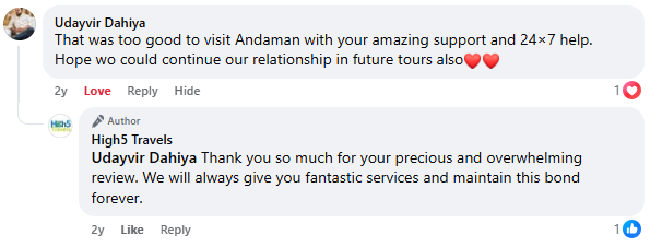 Facebook comment from Udayvir Dahiya praising the support and 24-hour help during an Andaman trip, with a reply from High5 Travels
