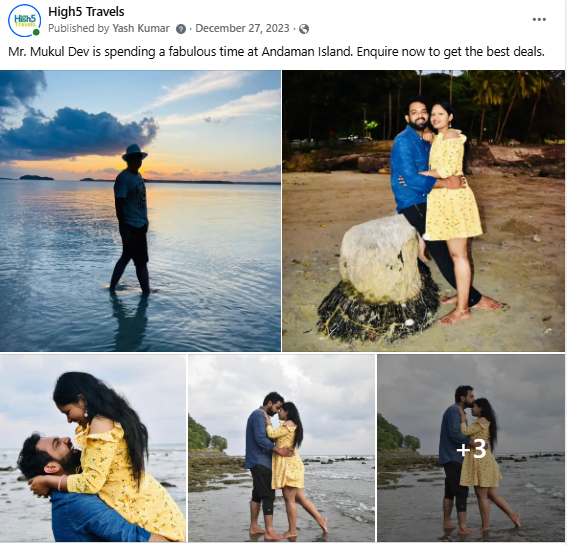 Facebook post of a couple at sunset on the beach during their honeymoon in the Andaman Islands
