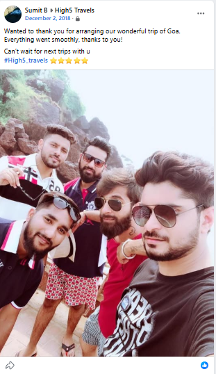 Facebook post thanking High5 for a group trip to Goa, with a group photo