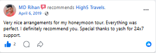 Facebook recommendation praising honeymoon tour arrangements and support