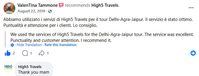 Facebook recommendation in Italian, with English translation, from an international traveller for a Delhi–Agra–Jaipur tour