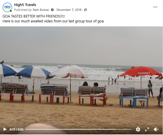 Facebook video post from a Goa group tour, with beach umbrellas and loungers