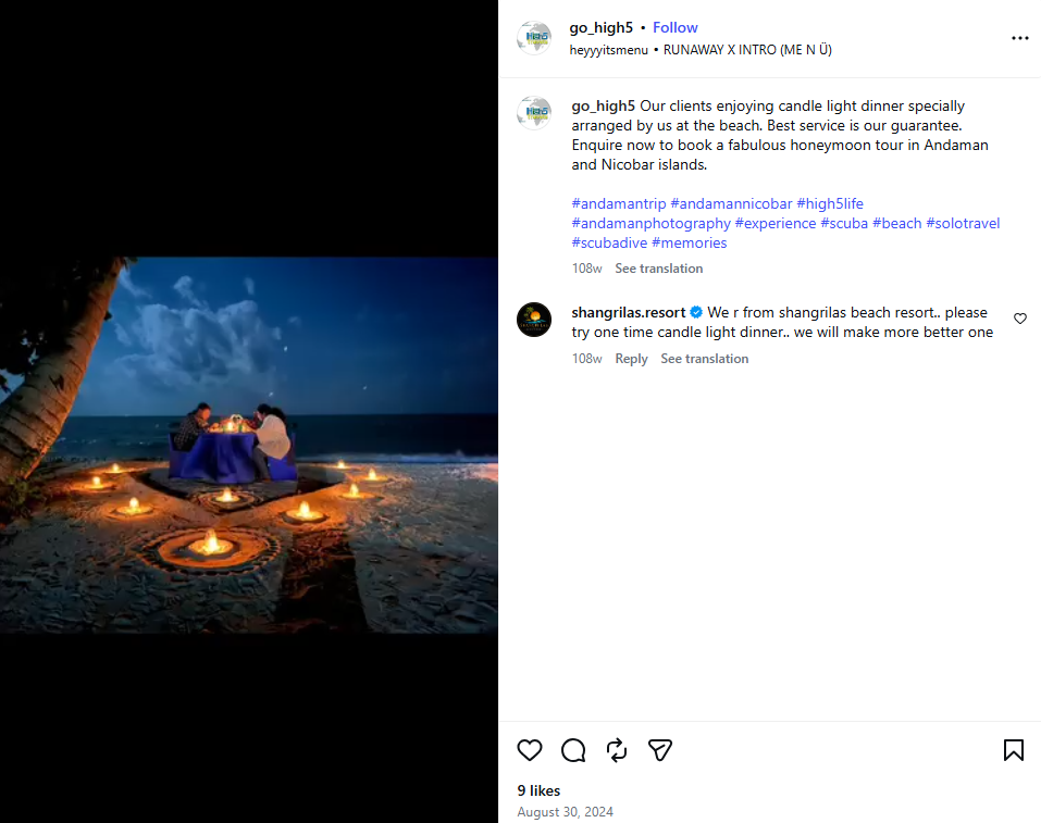 Instagram post of a candle-lit beach dinner arranged for travellers in Andaman