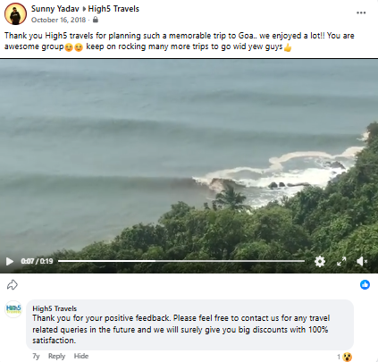 Facebook post thanking High5 for a memorable Goa trip, with a coastal video still