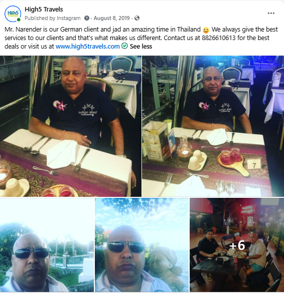 Facebook post of a client dining in Thailand during his trip