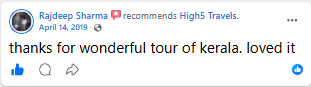 Facebook recommendation thanking High5 for a Kerala tour