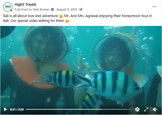 Facebook video post of a couple enjoying their honeymoon tour of Bali underwater