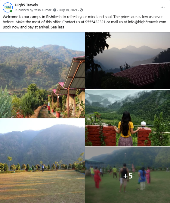 Facebook post of riverside camps in Rishikesh