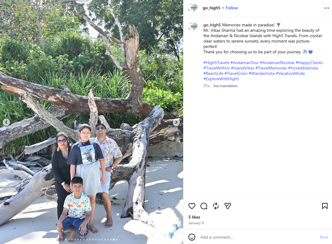 Instagram post of a family on a driftwood beach in the Andaman Islands