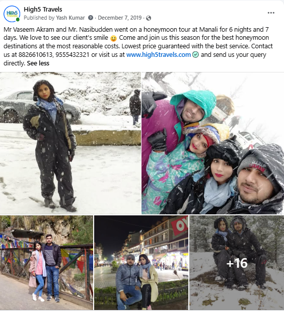Facebook post of a couple on their honeymoon tour of Manali