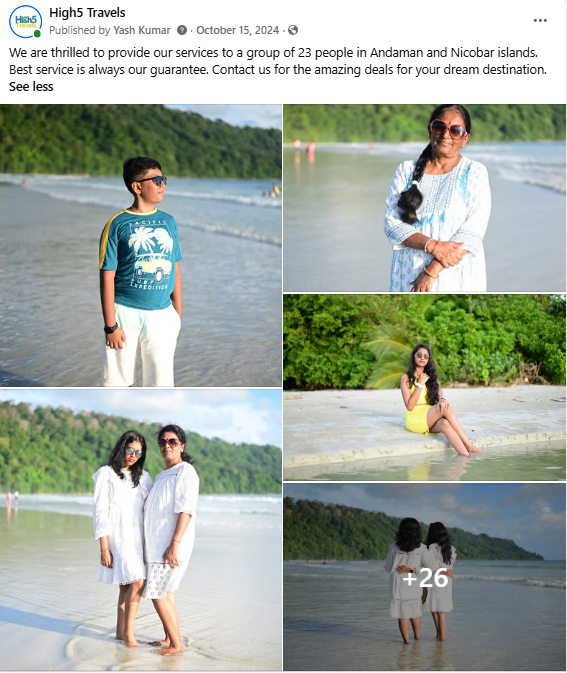 Facebook post of a group of 23 travellers on a beach in the Andaman Islands