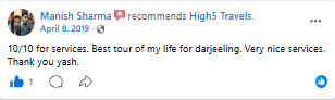 Facebook recommendation rating the Darjeeling trip 10/10