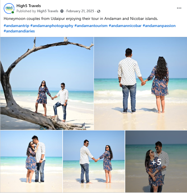 Facebook post of honeymoon couples from Udaipur on a beach in the Andaman Islands