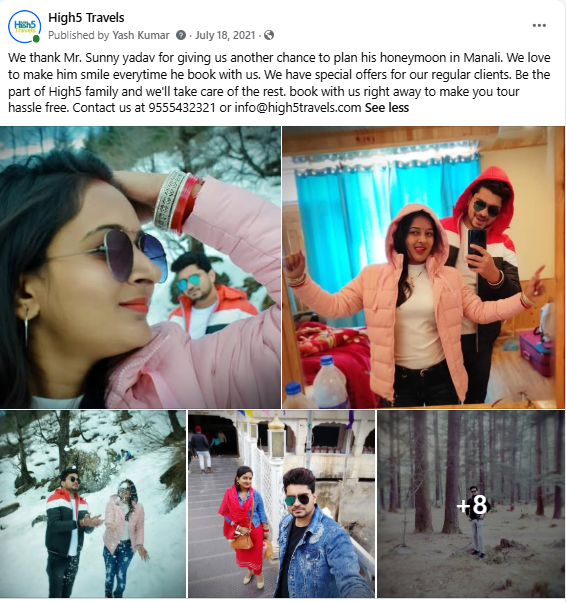 Facebook post of a couple on their honeymoon tour of Manali