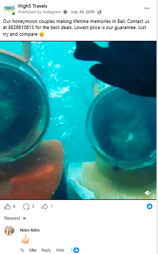 Facebook post of a honeymoon couple snorkelling in Bali