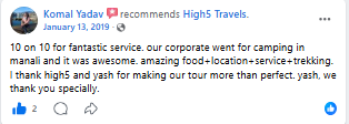 Facebook recommendation thanking High5 for a corporate camping trip in Manali