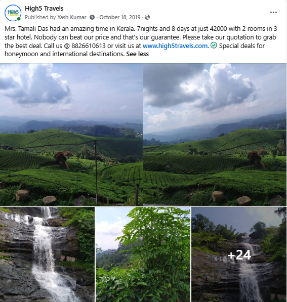 Facebook post of a traveller enjoying a Kerala tour, with tea plantations and waterfalls