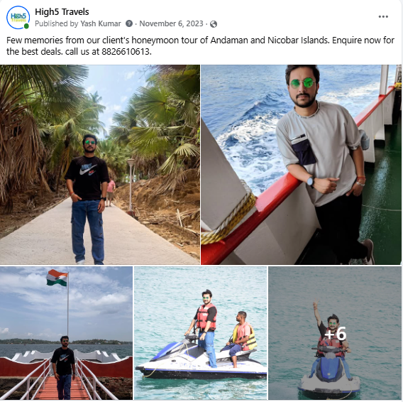 Facebook post of a couple on their honeymoon tour of the Andaman Islands, with ferry and water-sport photos