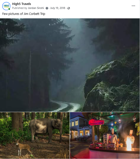 Facebook post of memories from a Jim Corbett trip, with forest and wildlife photos